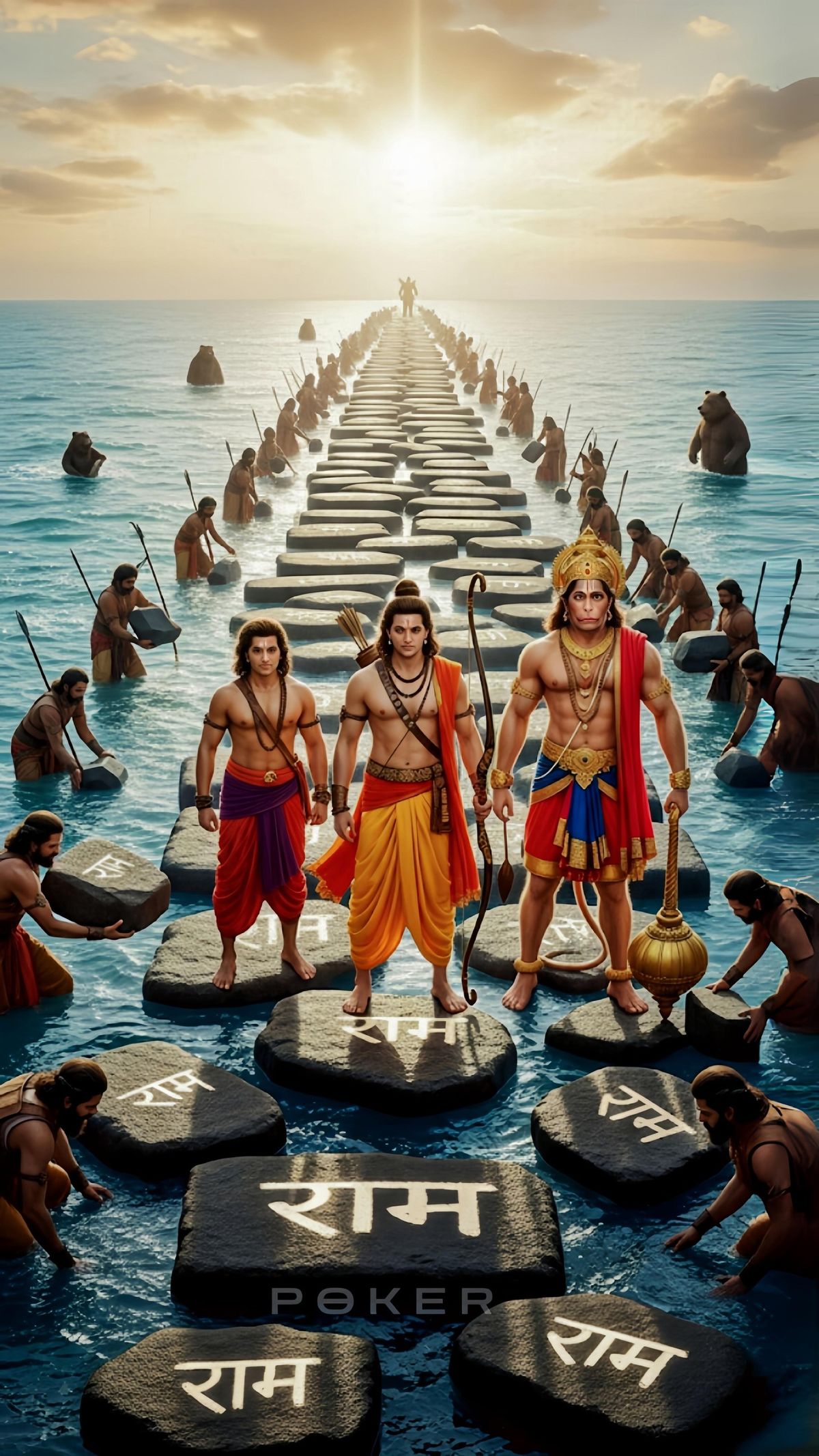 Rama and his army building the bridge to Lanka